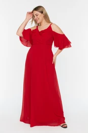 Curve Red Frilled Sleeves Woven Double Breasted Chiffon Evening Dress/Night/Graduation/Engagement Dress