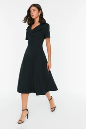 Black Button Detailed Skater/Belt Opening Midi Woven Dress