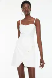 Ecru Dress with Straps and Buttons