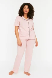 Curve Powder Shirt Collar Ribbed Knitted Pajamas Set