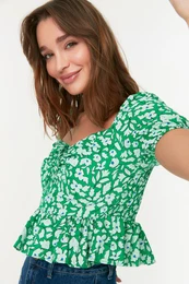 Green Gathered Floral Woven Blouse