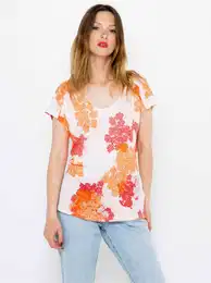 Red-and-white floral linen blouse
