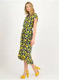 Yellow-navy blue midi dress with motif - Women's