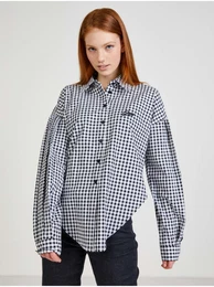 White and Black Ladies Plaid Shirt with Balloon Sleeves - Ladies