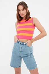 Fuchsia Crop Striped Knitted Thin Blouse