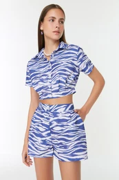 Blue High Waist Woven Shorts