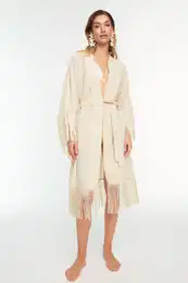 Beige Tassel Detailed Beach Kimono & Beach Caftan