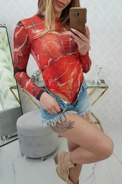 Marble pattern nude blouse red