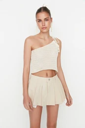 Ecru Pleated Denim Short Skirt