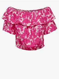 White-pink floral cropped blouse with ruffle Petra - Ladies