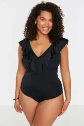 Curve Black Deep V-Neck Flounce Throw Lined Swimsuit