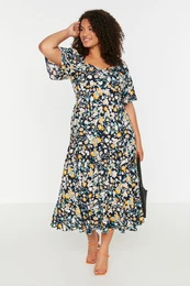 Curve Multicolored Floral Patterned Woven Ruffle Detail Dress