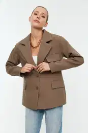Mink Oversize Lined Double Breasted Closure Woven Blazer Jacket