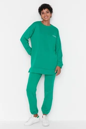 Green Embroidered Crew Neck Basic Knitted Tracksuit Set
