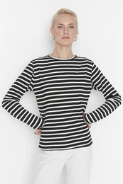 Black Striped Regular/Normal Pattern Basic Crew Neck Knitted T-Shirt
