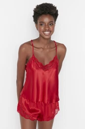Red Lace Detailed Rope Strap Satin Woven Pajama Set