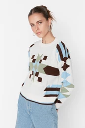 Ecru geometrijski džemper za pleteninu Jacquard