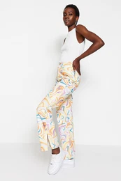Multicolored Wavy Pattern High Waist 90's Wide Leg Jeans