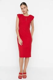 Red Collar Detailed Waistband Woven Dress