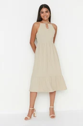 Stone Collar Detailed Woven Dress