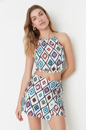 Multicolored Halter Neck Woven Blouse and Mini Shorts Skirt Patterned Set