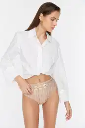 Ecru Textured Accessory Detailed Bikini Bottom