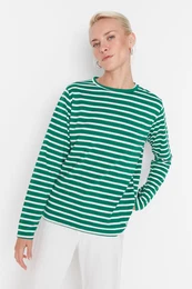 Green Striped Regular/Regular Fit Basic Crew Neck Knitted T-Shirt