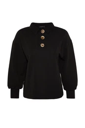 Black Button Detailed Loose Knitted Sweatshirt