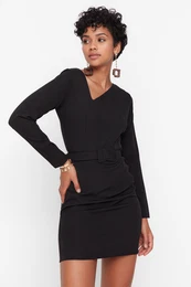 Black Belted Woven Asymmetric Collar Woven Dress