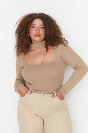 Curve Camel Collar Detailed Knitwear Blouse