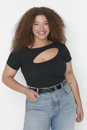 Curve Black Ribbed Cut-Out Detail Crop Knitted Blouse