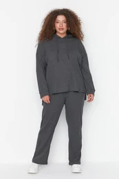 Curve Anthracite Hooded Collar Relaxed Fit Knitted Camisole Plus Size Top-Bottom Set
