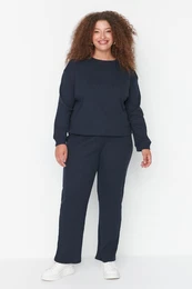 Curve Navy Blue Crew Neck Knitted Pajamas Set