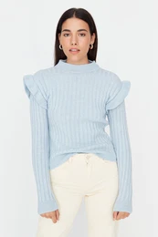 svetlo modri pleteni podrobni pulover za pletenine