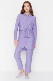 Lilac Tie Waist Detail Shirt-Pants Woven Suit