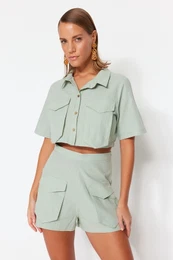 Mint Woven 100% Cotton Shirt and Shorts Set With Pocket
