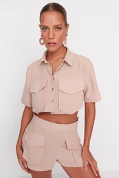 Beige Woven 100% Cotton Shirt and Shorts Set With Pocket