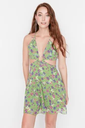 Green - vebarvna veerna obleka Chiffon s podrobnostmi Decollete