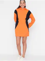 Black and Orange Hooded Sweatshirt Dress - Women