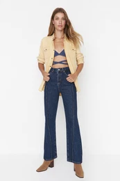 Dark Blue High Waist 90's Wide Leg Jeans with Stitching Detail