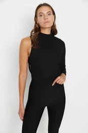 Black Standing Collar With Cutout Detail Single Sleeve Ribbed Flexible Knitted Snap Button Body