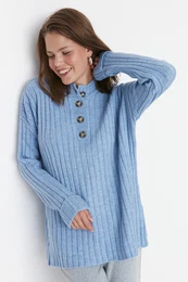 modri pulover za pletenine z gumbi Corduroy