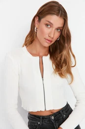 Ecru pridelek z zadrgo 100% bomba Osnovna pletenina Cardigan