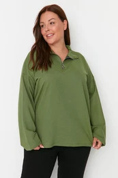 Curve Khaki Zippered Polo Collar Fine Knit Plus Size Sweatshirt