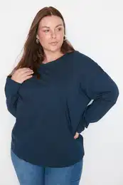 Curve Navy Blue Black Crew Neck 100% CottonBasic Knitted T-Shirt