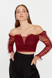Burgundy Frill Detailed Blouse