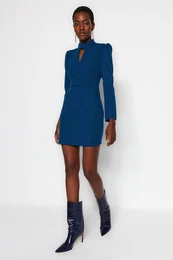 Petrol Mini tkana ovratnica Podrobna tkana obleka