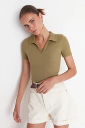 Khaki Fitted Crop Polo Neck Corduroy Knitted Blouse with a Stretch