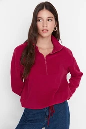 Burgundy Zipper Detailed Fleece Knitted Sweatshirt
