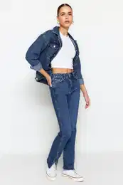 Navy Blue Rozparek s vysokm pasem Slim Flare Jeans
